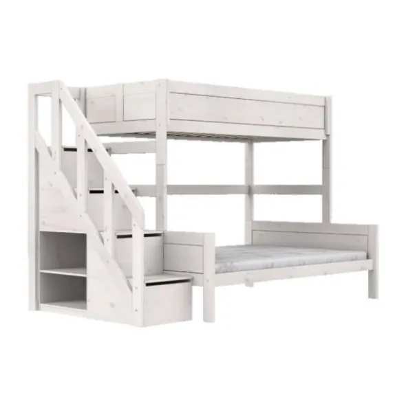 LIFETIME Kidsrooms Stapelbed Familie Met Trapkast - 90/140x200 cm - Premium Rolbodem - White Wash